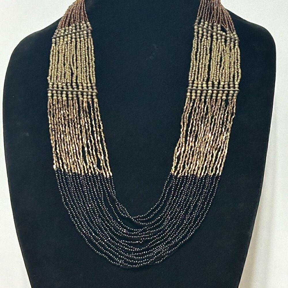 Vintage Beaded Long Necklace Women's OS Black & Tan Multi-Strand Seed Beads